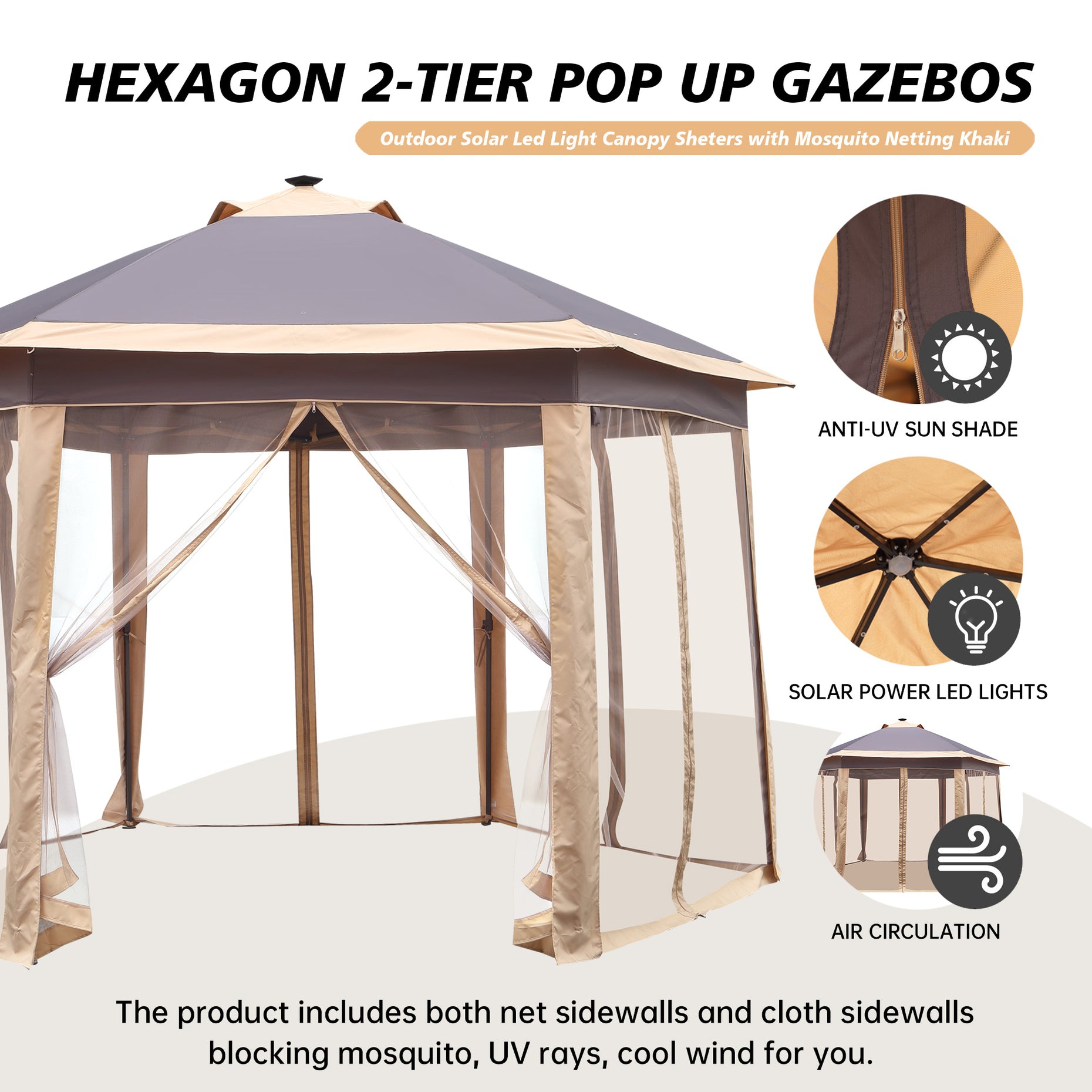 Ainfox 12'x12' Hexagonal Outdoor 2-Tier Pop up Gazebos Canopy with Sol