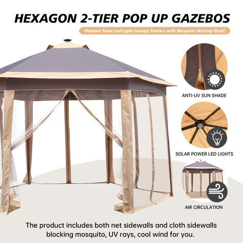 Ainfox 12'x12' Hexagonal Outdoor 2-Tier Pop up Gazebos Canopy with Solar Led Light Sheters with Mosquito Netting for Patio, Lawn, Garden, Khaki